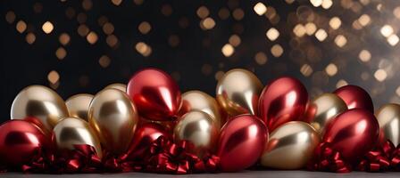 AI generated Festive golden and red metallic balloons with confetti and ribbons on blurred background. photo
