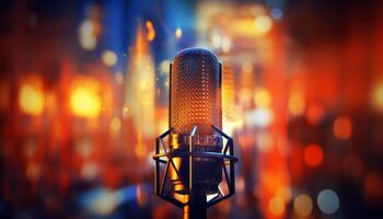 AI generated Studio condenser microphone with blurred background and audio mixer   musical instrument concept photo