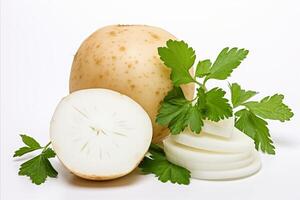 AI generated Fresh jicama on white backdrop for captivating ads and visually stunning packaging designs. photo