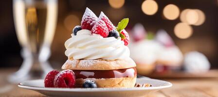 ai generado delicioso gastrónomo postres y café bebidas en elegante pastelería con fascinante bokeh foto