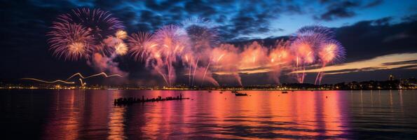 ai generado vibrante chino nuevo año fuegos artificiales iluminar el noche cielo con maravilloso colores y patrones. foto