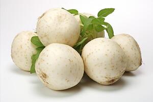 AI generated Fresh jicama on white backdrop for attention grabbing visuals in ads and packaging designs photo