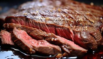 AI generated Mouthwatering close up of juicy ribeye steak slices with perfectly cooked and rich flavor photo