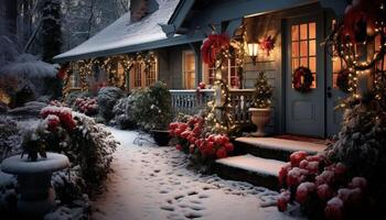 AI generated Festive winter cottage with christmas decorations and twinkling lights in snowy landscape photo