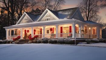 AI generated Enchanting and cozy holiday cottage with festive christmas decorations and snowy winter ambiance photo
