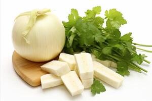 Fresh jicama slice on clean white background for eye catching advertisements and packaging designs photo