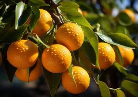 AI generated Ripe and juicy oranges, tangerine and mandarin hanging on tree with blue sky. Healthy food. photo