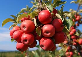 AI generated Ripe and juicy red apples hanging on tree with blue sky. Healthy food. photo