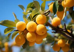 AI generated Ripe and juicy yellow plums hanging on tree with blue sky. Healthy food photo