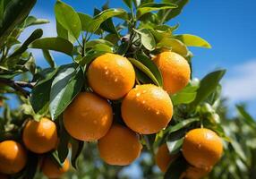 ai generado maduro y jugoso naranjas, Mandarina y mandarín colgando en árbol con azul cielo. sano alimento. foto