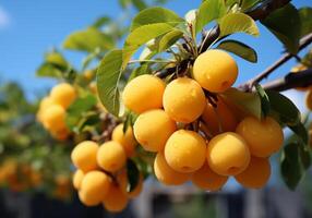 AI generated Ripe and juicy yellow plums hanging on tree with blue sky. Healthy food. photo