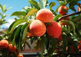 AI generated Ripe and juicy peaches hanging on tree with blue sky. Healthy food. photo