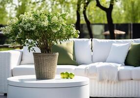 AI generated Romantic garden lounge to relax, read or be with friends. Contemporary furniture with flowers and vegetation. photo