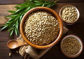 AI generated Beans and aromatic herbs for cooking. Healthy food photo