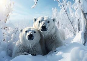 AI generated Polar bears in the snow in the Arctic. Cold winter. photo