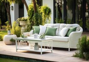 AI generated Romantic garden lounge to relax, read or be with friends. Contemporary furniture with flowers and vegetation. photo