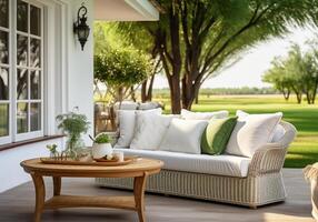 AI generated Romantic garden lounge to relax, read or be with friends. Contemporary furniture with flowers and vegetation. photo