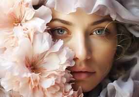 ai generado mujer rodeado por flores serenidad y tranquilidad. mujer día. tradicion y cultura foto