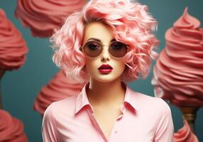 AI generated Woman with modern hairstyle with sunglasses, in studio background. photo
