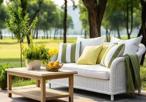 AI generated Romantic garden lounge to relax, read or be with friends. Contemporary furniture with flowers and vegetation. photo