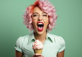 ai generado mujer con moderno estilo, comiendo hielo crema. estudio hora foto