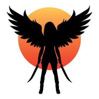 Silhouette Warrior woman with sword sand wings.  on a background red sun. Vector