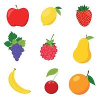 conjunto de frutas, manzana, banana, naranja, limón, frambuesa, cereza, pera, uva vector