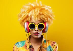 ai generado excéntrico contento mujer con afro pelo y auriculares. estilo de vida concepto foto