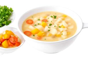 AI generated Potato soup with vegetables on a bowl isolated on white background photo