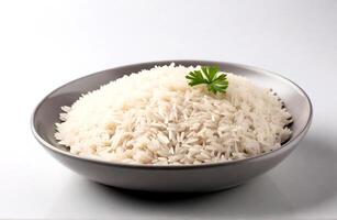 AI generated Cooked plain white basmati rice in a gray plate Isolated on white background photo