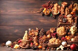 AI generated Delicious christmas food composition on wood background photo