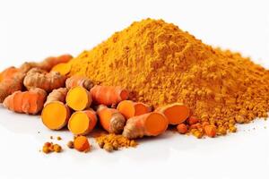 AI generated Turmeric powder and root on white background photo