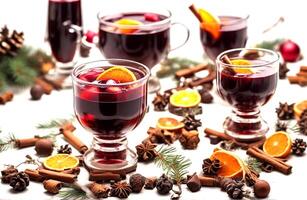 AI generated Mulled wine and christmas drink and food on white background photo