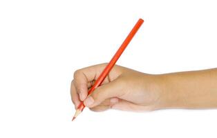 Woman hand with color pencil on a white background photo