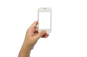 Hand holding smart phone isolated on white background photo