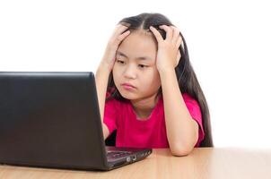 young cute girl asian stessed with labtop on white background photo