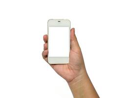 Hand holding smart phone isolated on white background photo