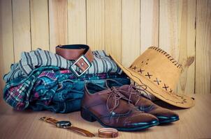 Clothing for mens on the wooden floor photo