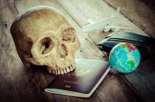 skulls on the passport on wood table - concept is getting dangerous. Do not be careless photo