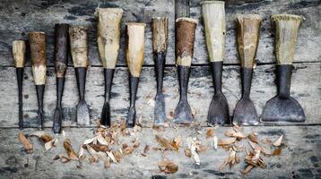 wood carving tools on wooden background photo