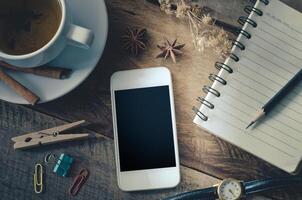 Office equipment eyeglasses smartphone tea cup on the wood in the morning. photo