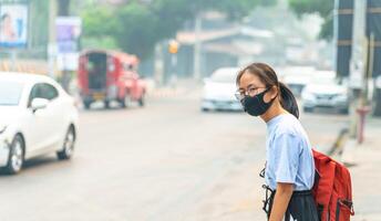 girl wearing a black noses N95 cloth to prevent dust pm 2.5 which has a very high value in a city with traffic photo