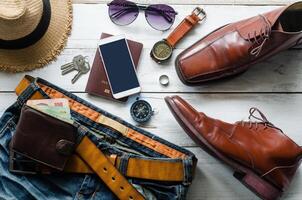 Clothing and accessories for Men on the wooden floor photo