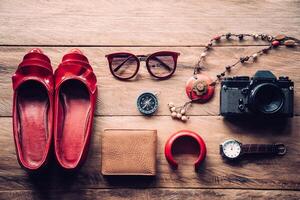 clothing for women, placed on a wooden floor. photo