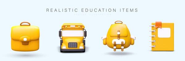 Poster with briefcase, school bus, backpack and notebook in yellow colors vector