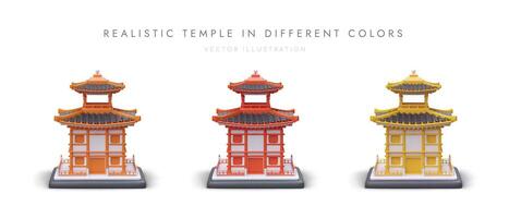 3D pagodas in different colors. Set of realistic Asian temples on white background vector