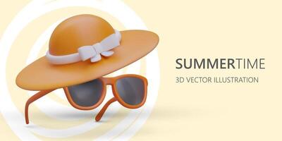 verano tiempo. mujer amplio rebosante Dom sombrero, Gafas de sol vector