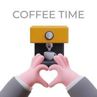 Coffee maker with cup of drink. Man showing heart sign vector