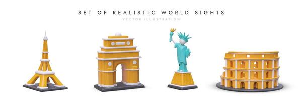 Cartoon figures of Eiffel Tower, old gateway, Statue of Liberty and Coliseum vector