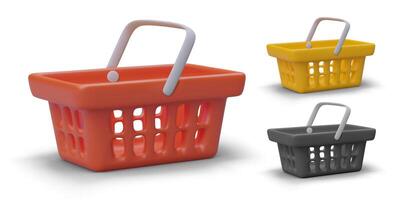 3D shopping carts of red, gray, yellow color. Realistic icons with shadows on white background vector